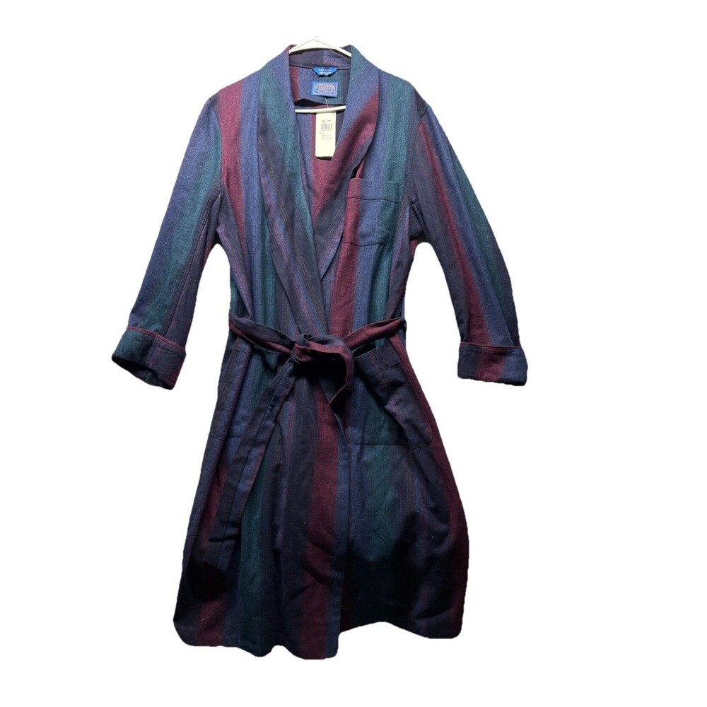 PENDLETON Vintage Robe Men's L Virgin Wool Stripe Belted NWT 60s 70s USA Red Blu